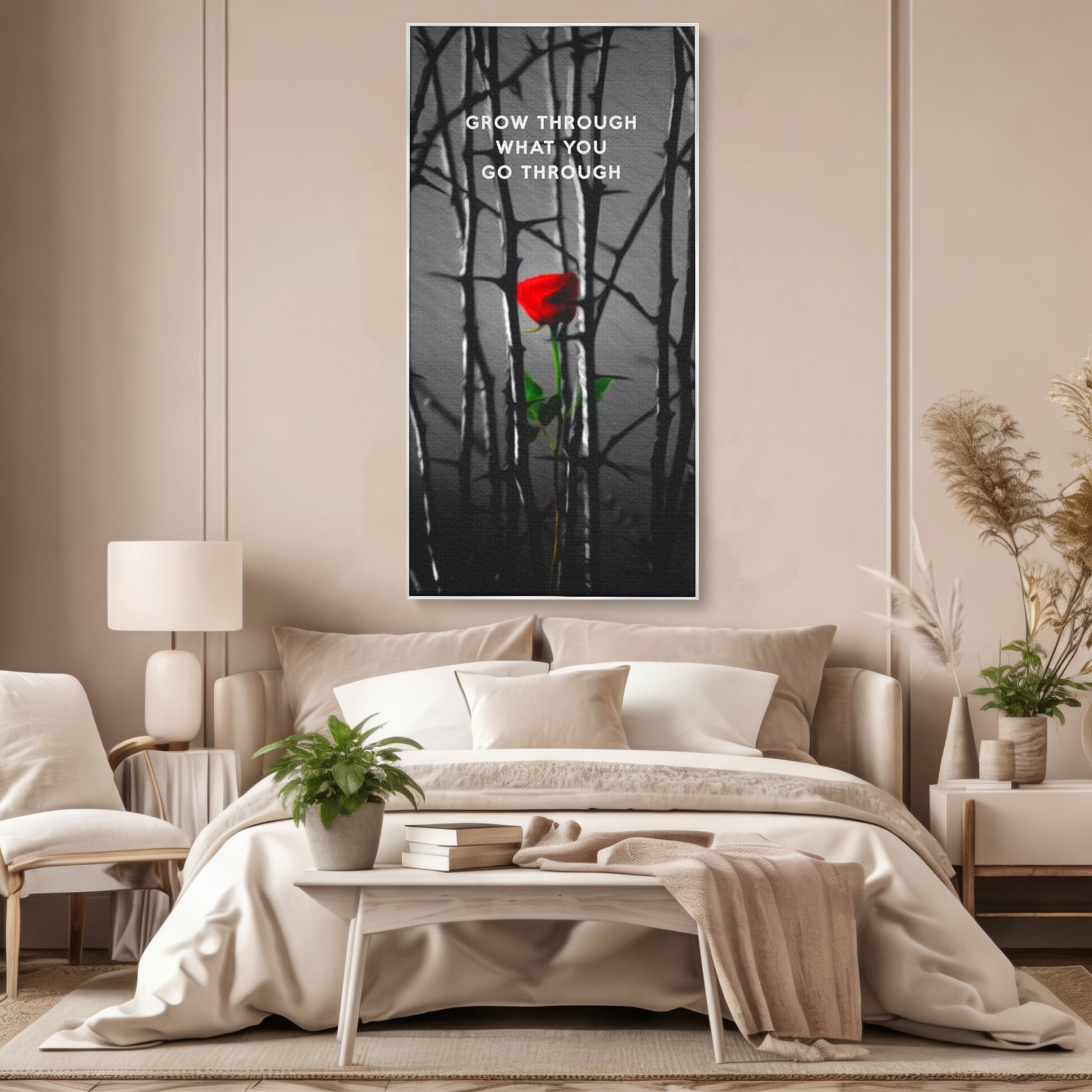 Tablou canvas cu tablou motivational cu trandafir rosu si spini, in rama de aluminiu argintiu, pe perete intr-un dormitor